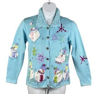 Christine Rotelli Womens M 3D Cardigan Sweater Snowman Teddy Collar Teacher Wear